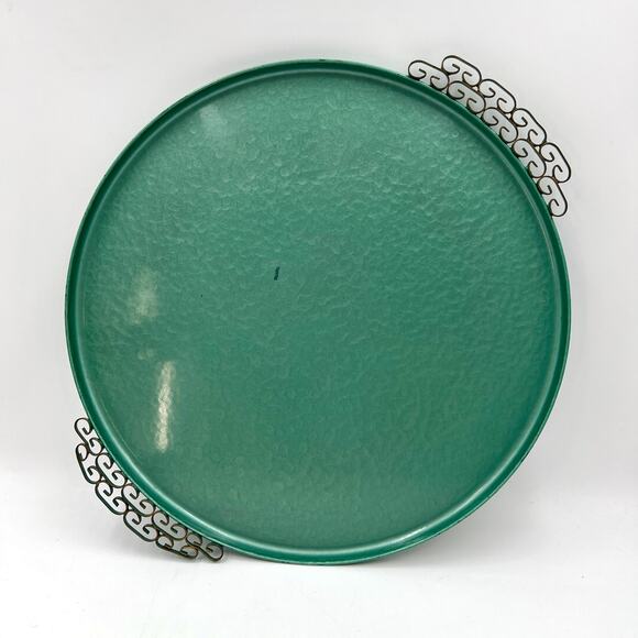 Hollywood Regency Enameled Finish Round Tray by Moire Glaze Kyes Green Vintage - Picture 1 of 9